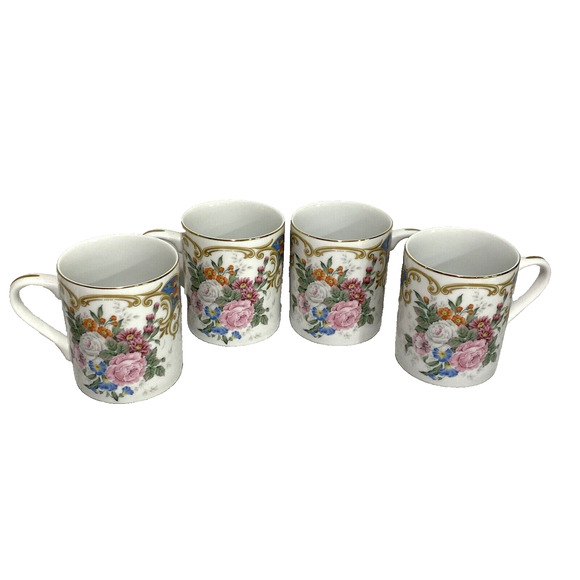 Vintage Andrea By Sadek Mugs Set of 4 Victorian Floral Pink & White Ceramic - Picture 2 of 10